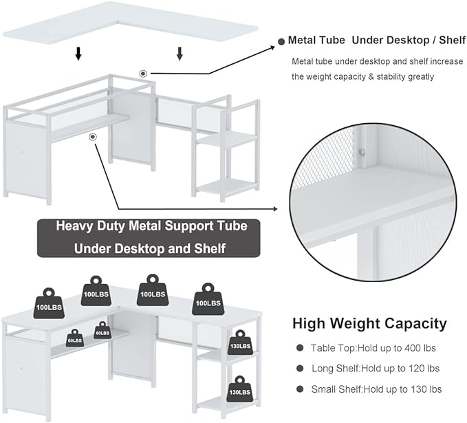 FATORRI L Shaped Computer Desk, Reversible Modern Corner Desk for Home Office, Rustic Wood and Metal Desk with Storage, White Oak (59 Inch) - LeafyLoom