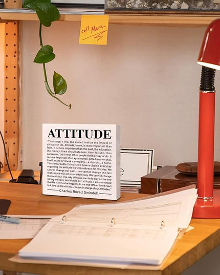Home Office Desk Wooden Box Sign Decor, We Are in Charge of Our Attitudes, Inspirational Book Quotes Desk Decor Motivational Desk Decorations for Women Men Student Office Classroom School - LeafyLoom