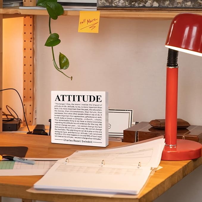 Home Office Desk Wooden Box Sign Decor, We Are in Charge of Our Attitudes, Inspirational Book Quotes Desk Decor Motivational Desk Decorations for Women Men Student Office Classroom School - LeafyLoom