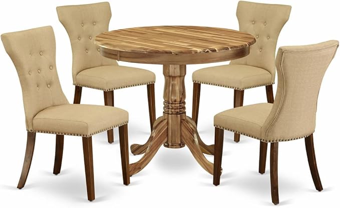 East West Furniture ANGA5-ANA-03 5 Piece Dining Set for 4 Includes a Round Kitchen Table with Pedestal and 4 Brown Linen Fabric Upholstered Parson Chairs - LeafyLoom