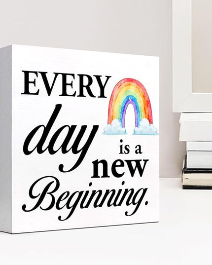 Positive Wood Box Sign Desk Decor,Every Day is a Fresh Beginning Wood Plaque Signs,Rustic Inspirational Wooden Block Sign Decor for Home Office Shelf Table Decoration C1076 - LeafyLoom
