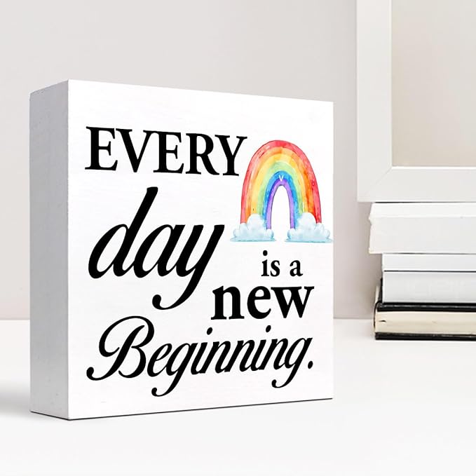 Positive Wood Box Sign Desk Decor,Every Day is a Fresh Beginning Wood Plaque Signs,Rustic Inspirational Wooden Block Sign Decor for Home Office Shelf Table Decoration C1076 - LeafyLoom