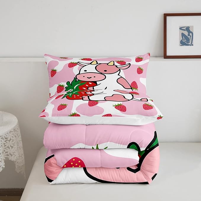 Feelyou Milk Cow Comforter Pink White Cow Strawberry Pattern Comforter Set Bedding Set for Kids Adults Kawaii Girls Milk Cow Print Duvet Set Ultra Soft Room Decor Full Size Quilt Set - LeafyLoom