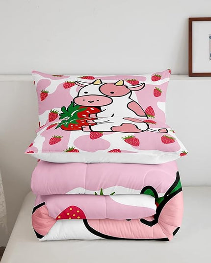 Feelyou Milk Cow Comforter Pink White Cow Strawberry Pattern Comforter Set Bedding Set for Kids Adults Kawaii Girls Milk Cow Print Duvet Set Ultra Soft Room Decor Queen Size Quilt Set - LeafyLoom
