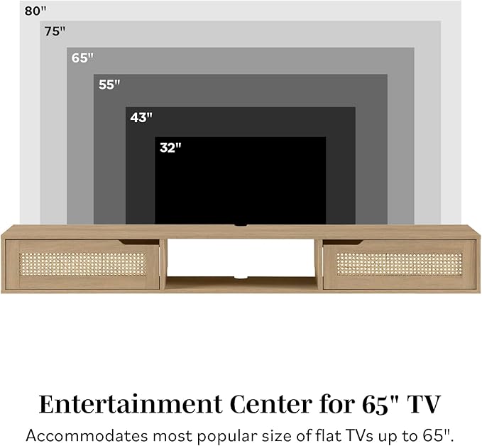 Walker Edison Modern Rattan Flip-Down-Door Wall-Mounted Floating Stand for TVs up to 80 Inches, 70 Inch, Coastal Oak - LeafyLoom