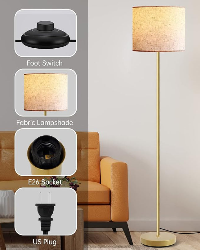 BoostArea Floor Lamp, Standing Lamp, 9W LED Floor Lamp with 3 Dimmable Levels, Simple Standing Lamp with Linen Lampshade, On/Off Footswitch, Tall Floor Lamps for Living Room/Bedroom/Office/Boho, Gold - LeafyLoom