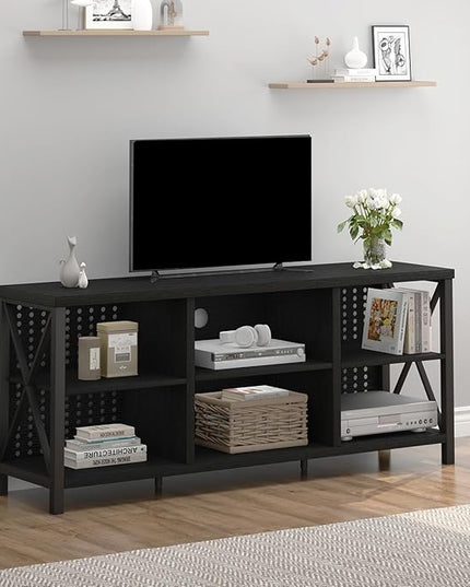 LVB Black Entertainment Center, Modern Wood Metal TV Stand for 65 Inch TV, Industrial Television Stands with Cabinet Storage, Farmhouse Media Console Tables for Home Living Bedroom, Black Oak, 55 Inch - LeafyLoom