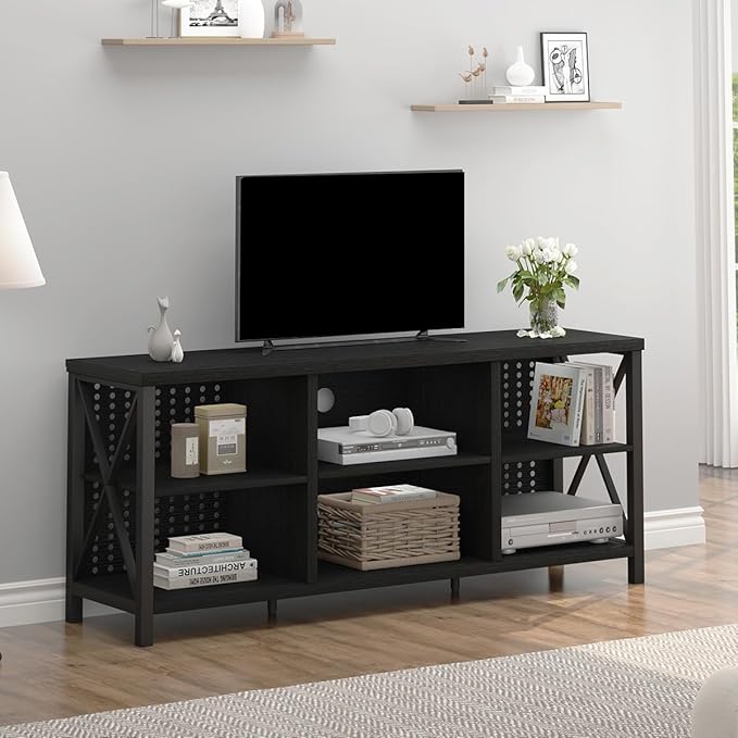 LVB Black Entertainment Center, Modern Wood Metal TV Stand for 65 Inch TV, Industrial Television Stands with Cabinet Storage, Farmhouse Media Console Tables for Home Living Bedroom, Black Oak, 55 Inch - LeafyLoom
