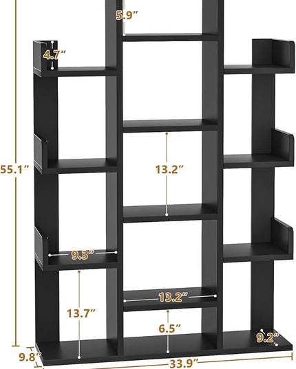 Aheaplus Bookshelf, Tree-Shaped Bookcase Storage Shelf with 13 compartments, Books Organizer Display Cube Shelves, Industrial Free Floor Standing Wood Open Bookshelves, Black - LeafyLoom