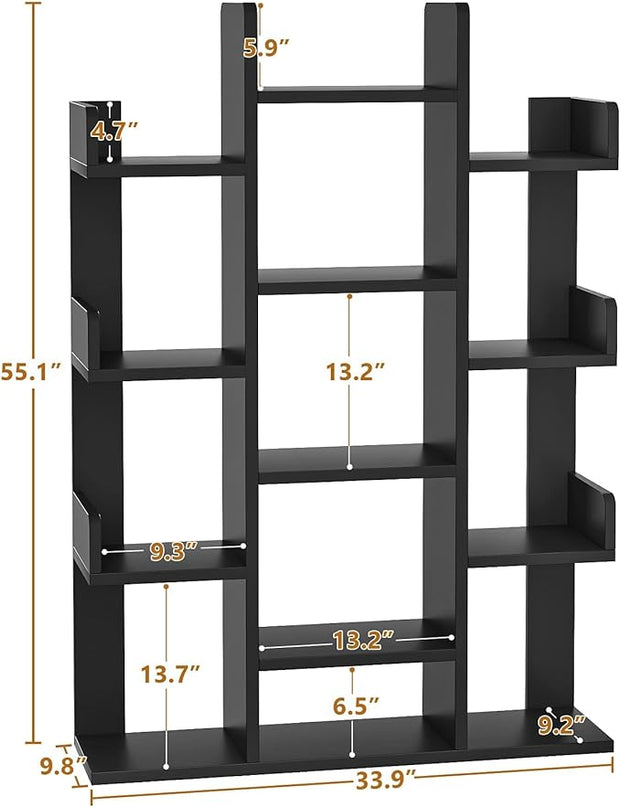 Aheaplus Bookshelf, Tree-Shaped Bookcase Storage Shelf with 13 compartments, Books Organizer Display Cube Shelves, Industrial Free Floor Standing Wood Open Bookshelves, Black - LeafyLoom