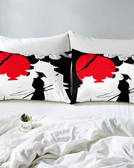 Erosebridal Samurai Comforter Set Queen Size, Sunset Print Down Comforter, Japan Quilted Duvet, Building Silhouette Breathable Quilt Set, Japanese Ukiyoe Bedding Set, Ultra Lightweight - LeafyLoom