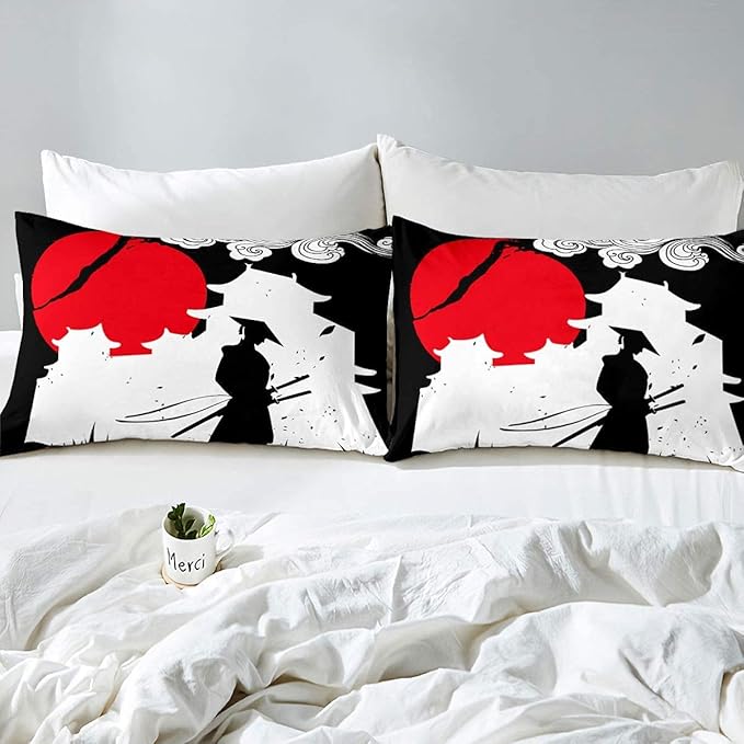 Erosebridal Samurai Comforter Set Queen Size, Sunset Print Down Comforter, Japan Quilted Duvet, Building Silhouette Breathable Quilt Set, Japanese Ukiyoe Bedding Set, Ultra Lightweight - LeafyLoom