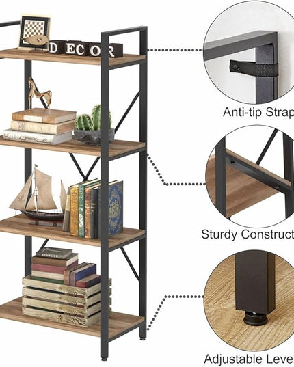 BON AUGURE Industrial 4 Tier Bookshelf, Modern Open Shelving Unit Book Shelves, Heavy Duty Etagere Bookcase, Wood Metal 4 Shelf Book Case for Office, Living Room and Bedroom (Vintage Oak) - LeafyLoom