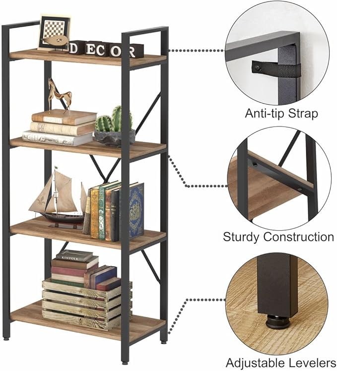 BON AUGURE Industrial 4 Tier Bookshelf, Modern Open Shelving Unit Book Shelves, Heavy Duty Etagere Bookcase, Wood Metal 4 Shelf Book Case for Office, Living Room and Bedroom (Vintage Oak) - LeafyLoom