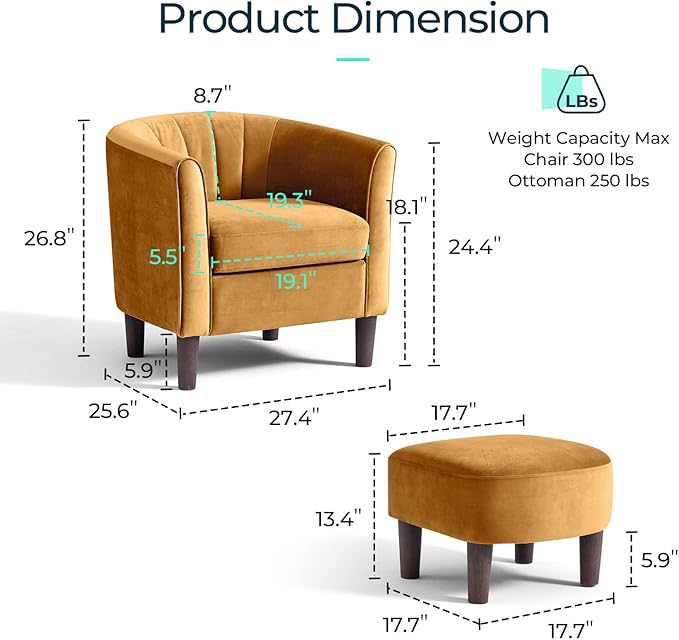 Velvet Accent Chair, Barrel Chair with Ottoman, Modern Comfy Reading Chair Armchair for Living Room Study Room Office, Yellow - LeafyLoom
