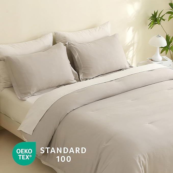 MILDLY California King Size Comforter Set 7 Piece Color Clash, Oatmeal Grey Bed in a Bag, All Season Bedding Sets with 1 Comforter, 2 Pillow Shams, 2 Pillowcases, 1 Flat Sheet, 1 Fitted Sheet - LeafyLoom