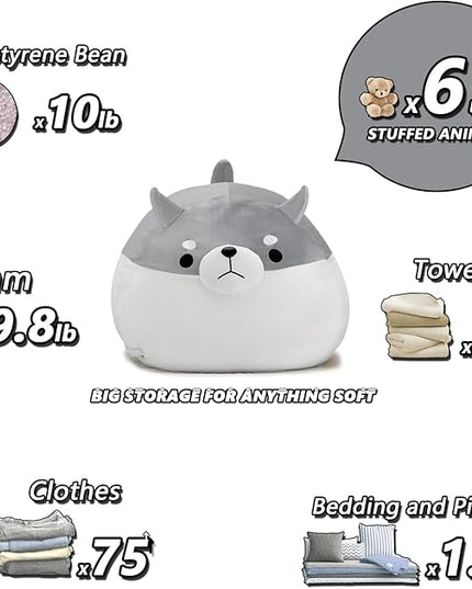 Stuffed Animal Storage Bean Bag Chair Cover for Kids Grey Shiba Inu Dog Bean Bag Chair for Girls XX-Large Size Toy Organizer Cover Only Without Filling - LeafyLoom