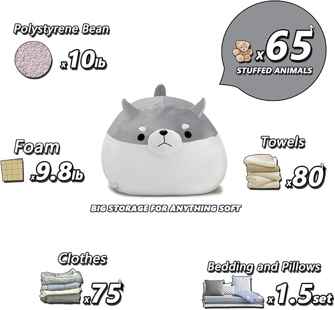Stuffed Animal Storage Bean Bag Chair Cover for Kids Grey Shiba Inu Dog Bean Bag Chair for Girls XX-Large Size Toy Organizer Cover Only Without Filling - LeafyLoom