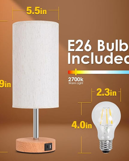 Yarra-Decor Bedside Lamp with USB A+C Port - Touch Control Table Lamp for Bedroom Wood 3 Way Dimmable Nightstand Lamp with Round Flaxen Fabric Shade for Home Office (LED Bulb Included) - LeafyLoom