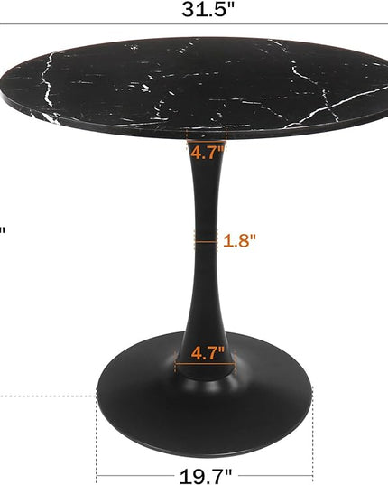 Round Dining Table Black Faux Marble Kitchen Dining Table 31.5" Modern Mid-Century Leisure Tulip Table with Pedestal Base for Dining Room 2 to 4 Person - LeafyLoom
