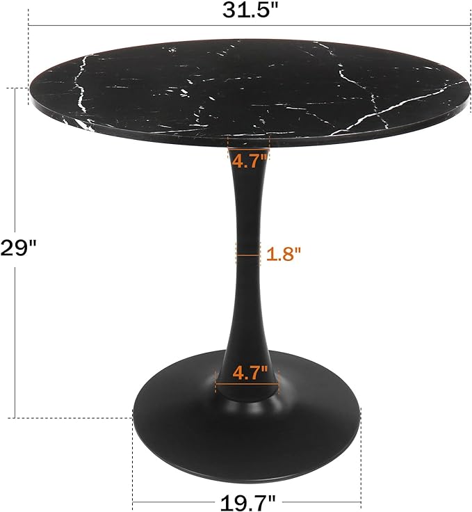 Round Dining Table Black Faux Marble Kitchen Dining Table 31.5" Modern Mid-Century Leisure Tulip Table with Pedestal Base for Dining Room 2 to 4 Person - LeafyLoom