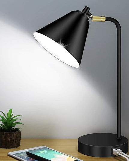 Industrial 3 Way Dimmable Touch Control Desk Lamp with 2 USB Ports & AC Outlet Bedside Nightstand Reading Lamp Flexible Head Farmhouse Black Table Lamp for Office Bedroom Living Room Bulb Included - LeafyLoom