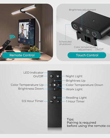 LED Desk Lamp, Double Head dimmable 24W 80CM Desk lamp for Home Office, clampable Eye Protection Daylight lamp with Remote Controls, 5 Colors 5 Brightness Office Table lamp White - LeafyLoom