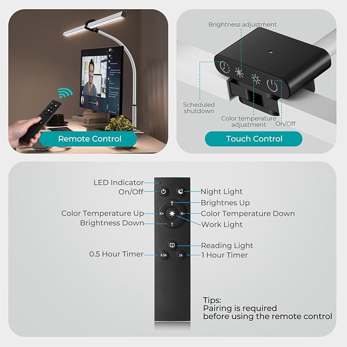 LED Desk Lamp, Double Head dimmable 24W 80CM Desk lamp for Home Office, clampable Eye Protection Daylight lamp with Remote Controls, 5 Colors 5 Brightness Office Table lamp White - LeafyLoom