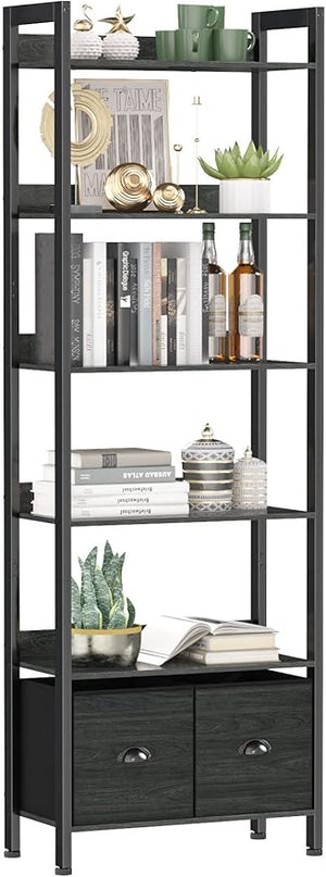 Furologee 6-Tier Bookshelf, Tall Bookcase with 2 Drawers Storage Organizer, Industrial Display Free Standing Shelf Units, Wood and Metal Storage Rack for Home Office, Bedroom, Black Oak - LeafyLoom
