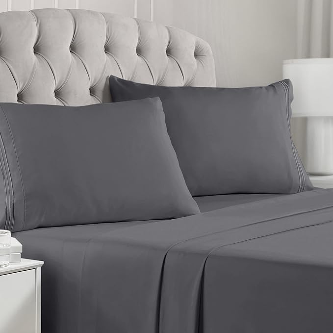 Mellanni California King Sheets Set - 4 PC Iconic Collection Bedding Sheets & Pillowcases - Hotel Luxury, Extra Soft, Cooling Bed Sheets - Deep Pocket up to 16 inch (Cal King, Gray) - LeafyLoom
