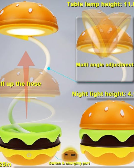 Cute Desk Lamp for Kids, Rechargeable Hamburger Small Desk Lamps with Adjustable Neck Dimmable Touch Switch, Nursery Night Lights, Kawaii Desk Accessories, Kawaii Room Decor for Boys Girls Gifts - LeafyLoom