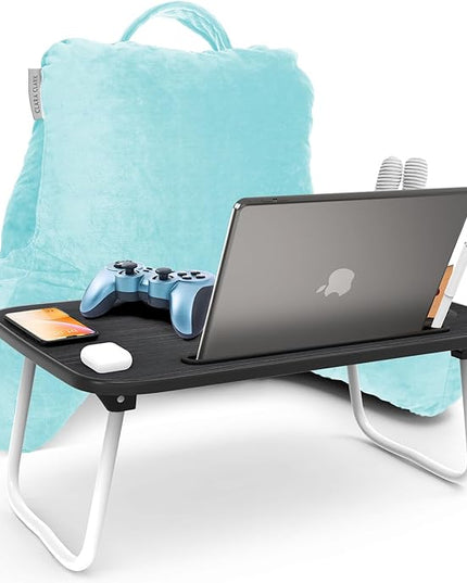 Clara Clark Reading Pillow with Portable Lap Desk Set for Kids, Back Pillow for Sitting Up in Bed, Memory Foam Back Support Pillow, Bed Rest Pillow with Foldable Laptop Desk, Small - Light Blue - LeafyLoom