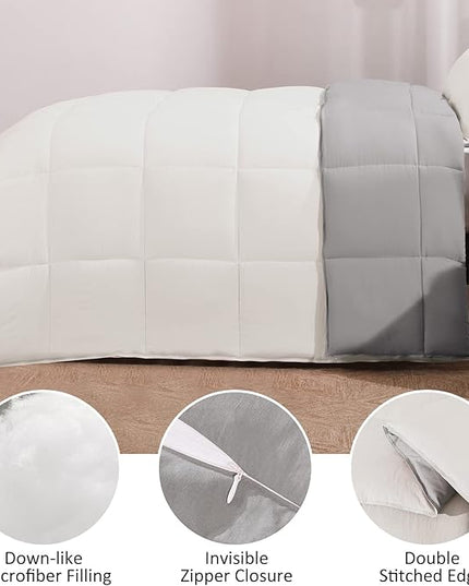 Basic Beyond King Size Comforter Set - Fluffy King Bed Comforter Set for All Seasons - Reversible White King Comforter Set - 3 Pieces (1 Comforter + 2 Pillow Shams) - White/Grey - LeafyLoom