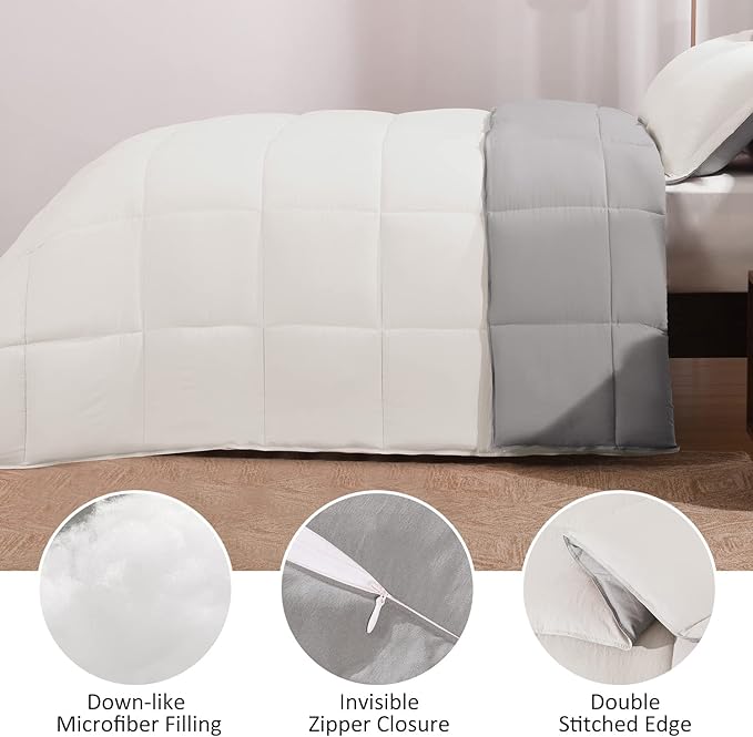Basic Beyond Queen Comforter Set - Fluffy Comforter Queen Set for All Seasons - Reversible White Queen Comforter Set for Mens - 3 Pieces (1 Comforter + 2 Pillow Shams) - White/Grey - LeafyLoom