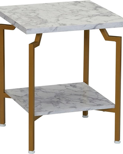 Household Essentials Crown Square Side End Table with Storage Shelf White Marble and Gold Metal - LeafyLoom