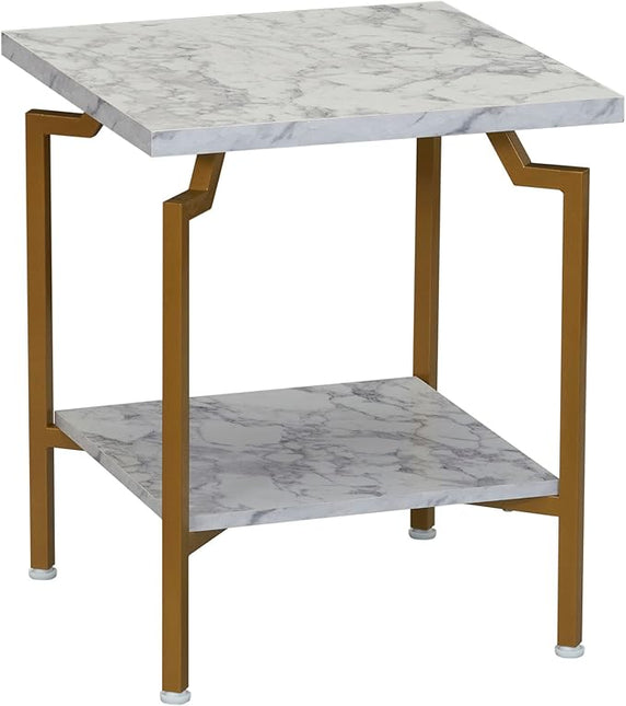 Household Essentials Crown Square Side End Table with Storage Shelf White Marble and Gold Metal - LeafyLoom