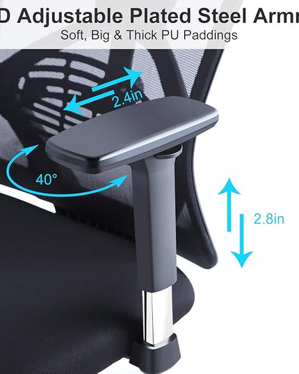 Ticova Ergonomic Office Chair - High Back Desk Chair with Adjustable Lumbar Support, Headrest & 3D Metal Armrest - 130° Rocking Mesh Computer Chair - LeafyLoom