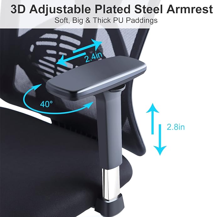 Ticova Ergonomic Office Chair - High Back Desk Chair with Adjustable Lumbar Support, Headrest & 3D Metal Armrest - 130° Rocking Mesh Computer Chair - LeafyLoom