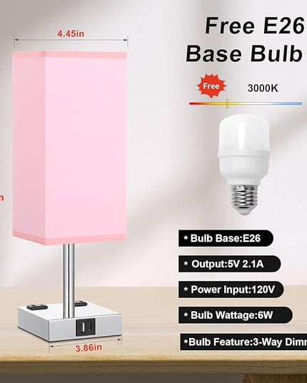 Touch Bedside Table Lamp For Nightstand - 3-Way Dimmable Night Lamp with USB A + Type C Charging Ports and two AC Outlets, Small Desk Light with E26 LED Bulb for Bedroom Living Room Dorm Office, PINK - LeafyLoom