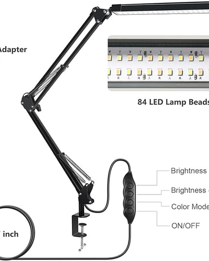 ODOM Adjustable Swing Arm Desk Lamps with Clamp, Upgraded 3 Color Modes 6 Brightness Stepless Dimming, Eye-Caring Memory Function Led Table Light for Home Office Reading Nail Desk, Black, 12W Adapter - LeafyLoom