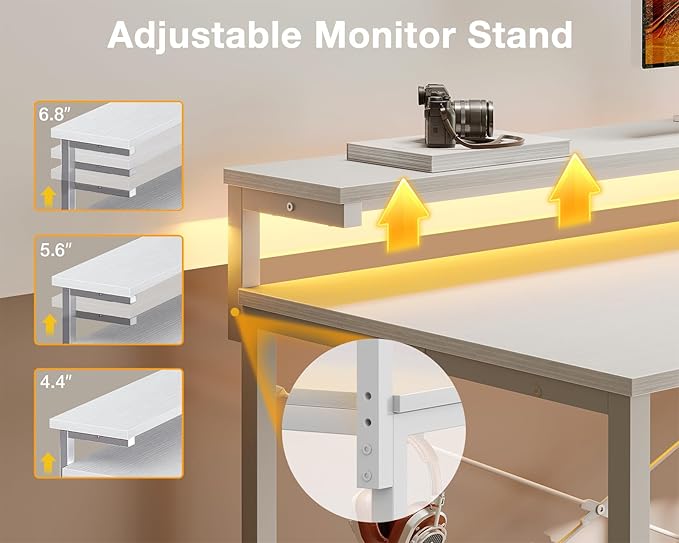 MOTPK White Desk with Led Lights & Power Outlet, 47 Inch Computer Desk with Shelves, Reversible Kids Desk with Adjustable Monitor Stand & Headphone Hook, Work Desk for Home Office - LeafyLoom