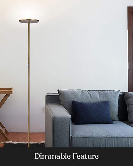 Brightech Sky Flux Dimmable LED Floor Lamp – Super Bright Floor Lamp for Living Room and Offices – Torchiere Standing Lamp with 3 Light Options, Tall Lamp for Bedroom Reading and More - Brass - LeafyLoom
