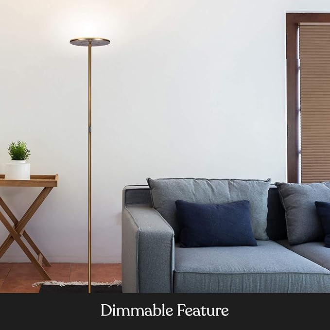 Brightech Sky Flux Dimmable LED Floor Lamp – Super Bright Floor Lamp for Living Room and Offices – Torchiere Standing Lamp with 3 Light Options, Tall Lamp for Bedroom Reading and More - Brass - LeafyLoom