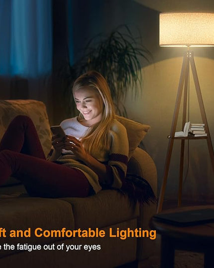 LEPOWER Tripod Floor Lamp, Mid Century Wood Standing Lamp, Modern Design Shelf Floor Lamp for Living Room, Bedroom, Office, Flaxen Lamp Shade with E26 Lamp Base Brown - LeafyLoom