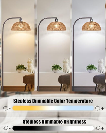 Boho Floor Lamp with Remote- Bronze Floor Lamps with Stepless Dimmable Bulb, Remote Control, Hand-Worked Adjustable Rattan Lamp Shades, Brown Rattan Standing Lamp for Living Room, Bedroom, Office - LeafyLoom