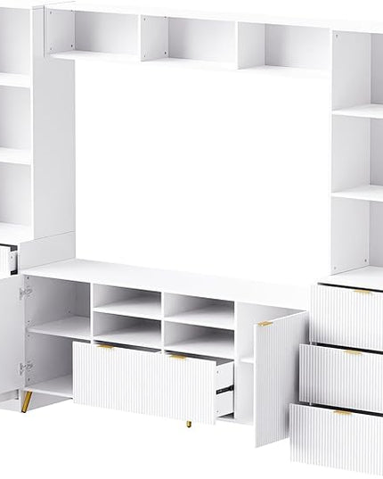 113Inch Entertainment Wall Unit with Bridge, TV Stand Media Console Table with 13 Shelves,8 Drawers and 2 Cabinets for Living Room, White - LeafyLoom