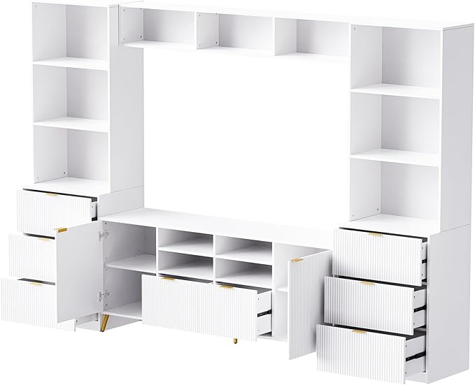 113Inch Entertainment Wall Unit with Bridge, TV Stand Media Console Table with 13 Shelves,8 Drawers and 2 Cabinets for Living Room, White - LeafyLoom
