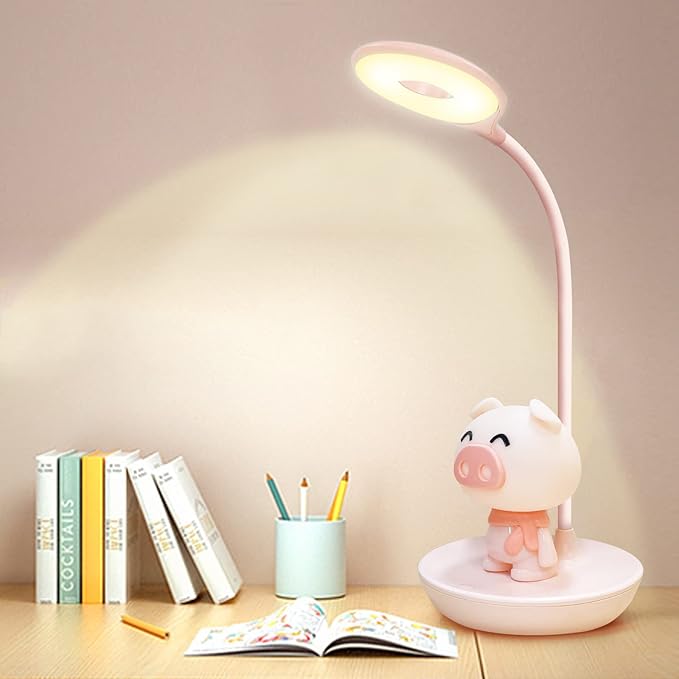 Kids Desk Lamp Pink, Dimming Desk Lamp for Girls with Exclusive Cartoon Look, Cute Night Light for Kids Bedroom, Eye-Caring LED Portable Reading Lamp for Child, Unique Gift (Pink Pig) - LeafyLoom