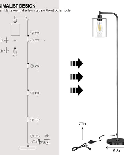 QiMH Industrial Floor Lamp for Living Room, Modern Standing Lamp with HD Glass Lampshade and Pedal Switch, 67” Tall Pole Light for Bedroom Study Room, Black (2700K LED Bulb Included) - LeafyLoom