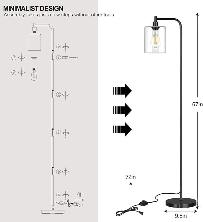 QiMH Industrial Floor Lamp for Living Room, Modern Standing Lamp with HD Glass Lampshade and Pedal Switch, 67” Tall Pole Light for Bedroom Study Room, Black (2700K LED Bulb Included) - LeafyLoom